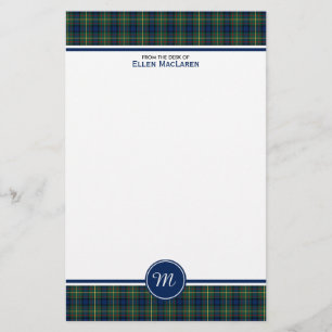 MacLaren Clan Tartan Blue and Green Plaid Monogram Stationery