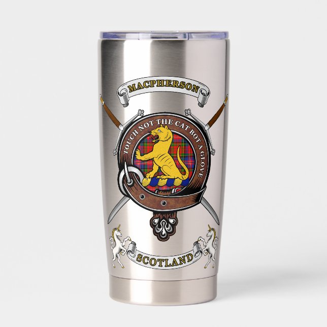 MacPherson Clan Badge Tartan & Swords Insulated Tumbler (Front)