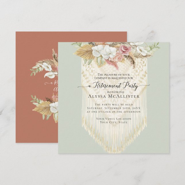 Macrame BOHO Floral Pink Pampas Grass Retirement Invitation (Front/Back)