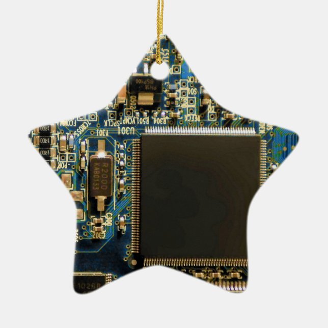 Macro Blue Circuit Board | PCB Photo Ceramic Tree Decoration (Front)