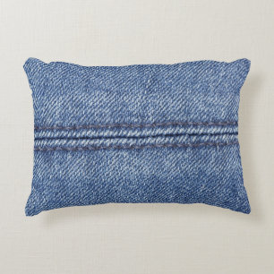 Macro Blue Denim, Close-Up Texture. Decorative Cushion