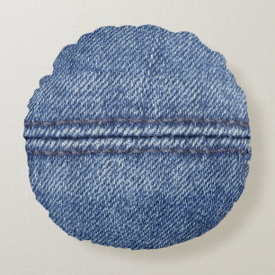 Macro Blue Denim, Close-Up Texture. Round Cushion