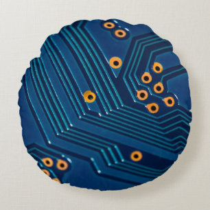 Macro close up view of computer electronic board,  round cushion