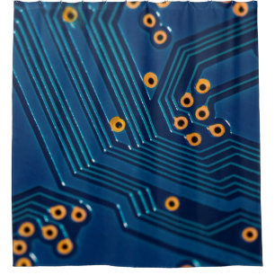 Macro close up view of computer electronic board, shower curtain