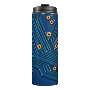 Macro close up view of computer electronic board,  thermal tumbler