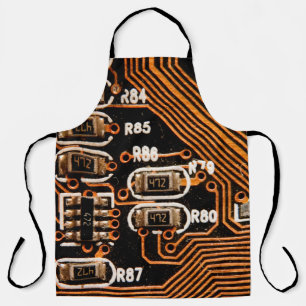 macro shot of circuitboard,cables,capacitors,card, apron