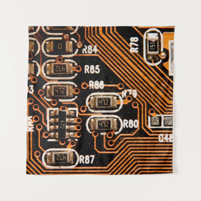 macro shot of circuitboard,cables,capacitors,card, tapestry (Front)