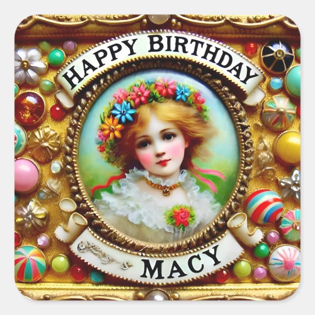 MACY ~ HAPPY BIRTHDAY ~ Vintage Girl ~ Square Sticker (Front)