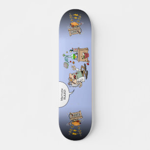 Mad Cartoon Scientist With Custom Text Balloon Skateboard