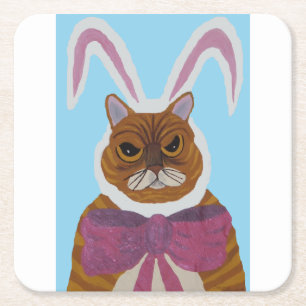 Mad Cat in Bunny Ears Square Paper Coaster
