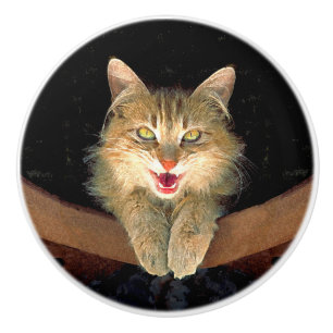 Mad Cat Painting - Cute Original Cat Art Ceramic Knob