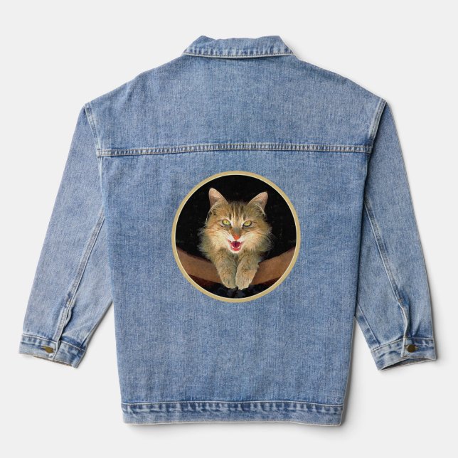 Mad Cat Painting - Cute Original Cat Art Denim Jacket (Back)