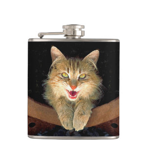 Mad Cat Painting - Cute Original Cat Art Hip Flask