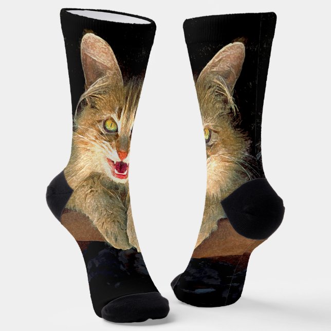 Mad Cat Painting - Cute Original Cat Art Socks (Angled)