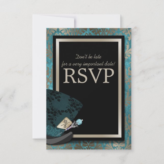 Mad Hatter Alice in Wonderland Wedding RSVP Card (Front)