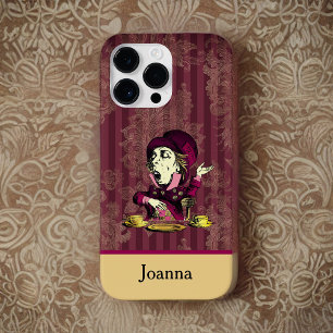 Mad Hatter Burgundy and Gold Damask with Monogram  Case-Mate iPhone 14 Pro Max Case