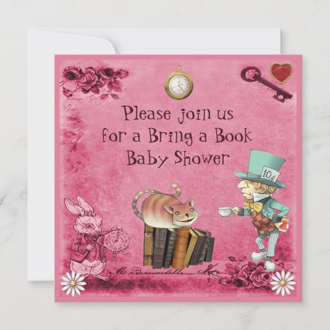 Mad Hatter & Cheshire Cat Pink Bring a Book Invitation (Front)