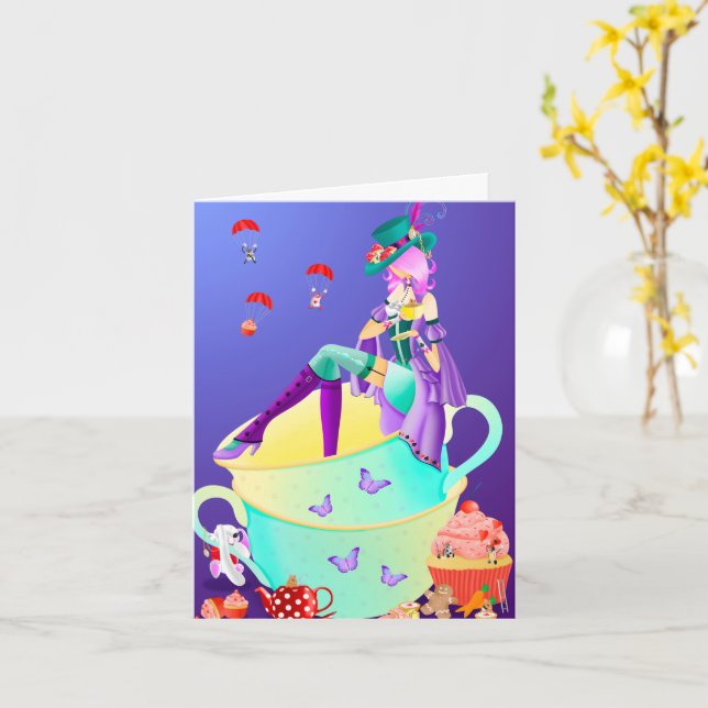 Mad Hatter in Tea Cup Greetings Card (Yellow Flower)
