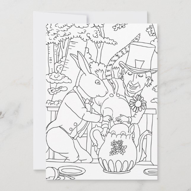 Mad hatter white rabbit door mouse colouring page invitation (Front)