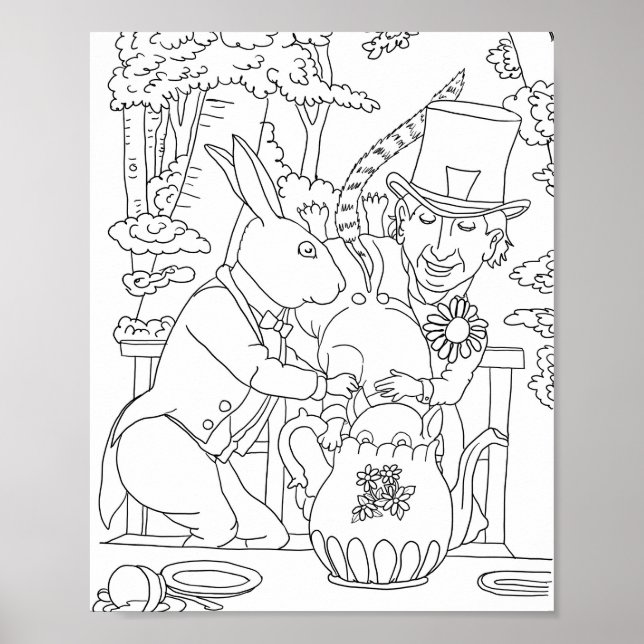Mad hatter white rabbit door mouse colouring page poster (Front)