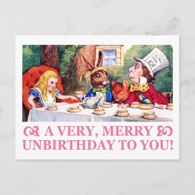 MAD HATTER WISHES ALICE A VERY MERRY UNBIRTHDAY! HOLIDAY POSTCARD (Front)
