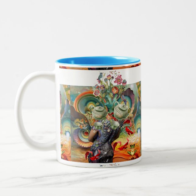Mad hatters tea party collage Two-Tone coffee mug (Left)