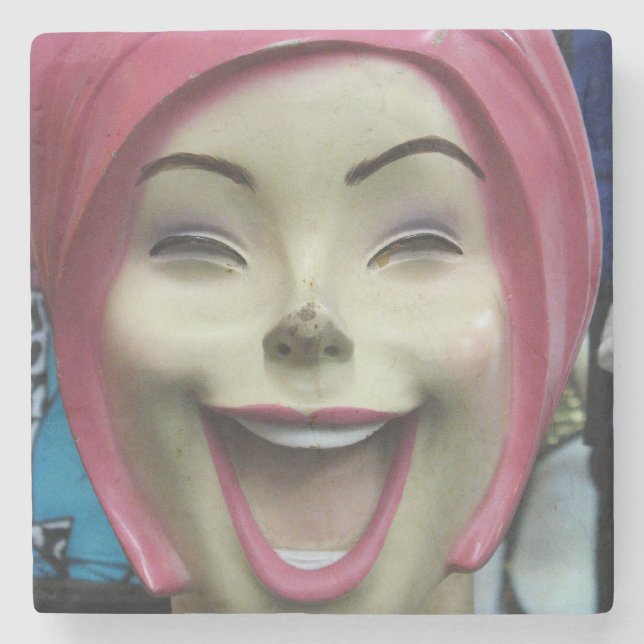Mad Laughing Mannequin ~ Uncanny Valley Girl Stone Coaster (Front)