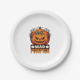 Mad Pumpkin Halloween Vintage Engraving Design_1 Paper Plate