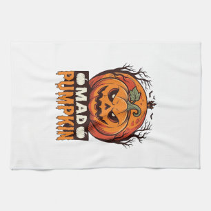 Mad Pumpkin Halloween Vintage Engraving Design_1 Tea Towel