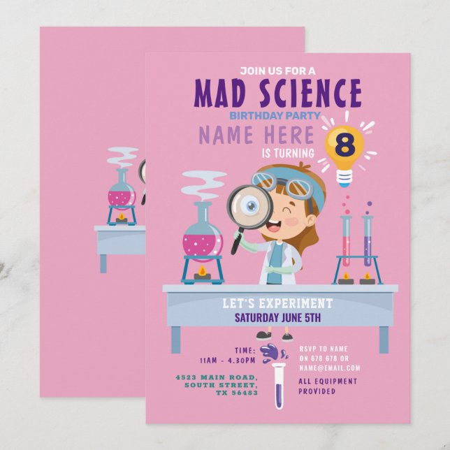Mad Science Birthday Party Experiment Girls Invitation (Front/Back)