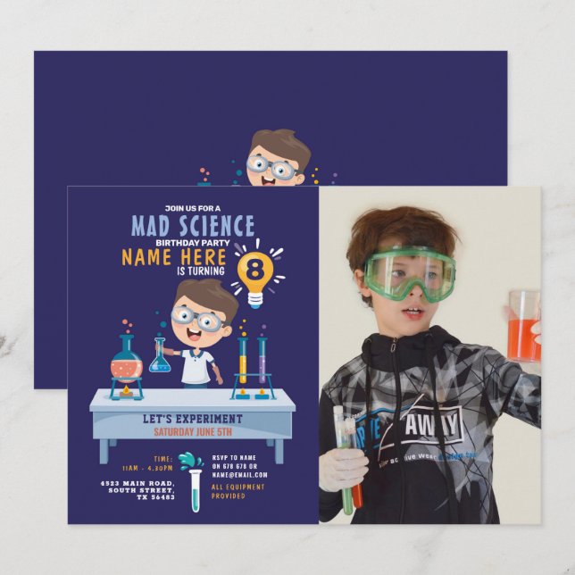 Mad Science Birthday Party Experiment Photo Invitation (Front/Back)