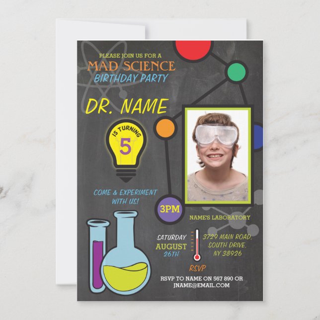 Mad Science Boys girls Birthday Atoms Invitations (Front)