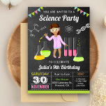 Mad Science Experiment Girls Birthday Party Invite<br><div class="desc">Amaze your guests with this colorful science birthday party invitation featuring a laboratory girl doing an experiment against a chalkboard background. Simply add your event details on this easy-to-use template to make it a one-of-a-kind invitation. Flip the card over to reveal a colorful stripes pattern on the back of the...</div>