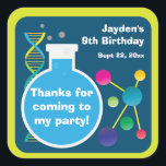 Mad Science Lab Birthday Party Favour Square Sticker<br><div class="desc">These are fun stickers to use for a mad science or scientist birthday party.  The design features a round beaker with blue liquid,  DNA helix and atom molecules.  The background is a dark grey with a lime green border.  Personalise these favour stickers with a name,  date and short message.</div>