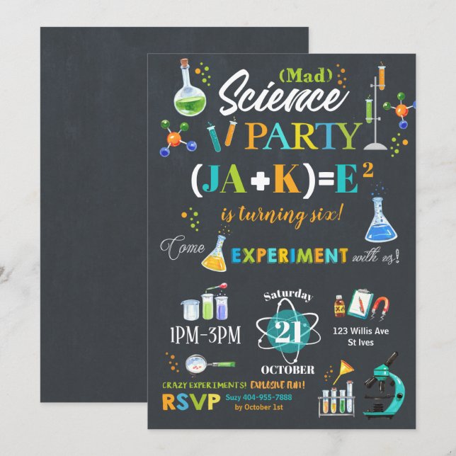 Mad Science Party Birthday Invitation Boy (Front/Back)