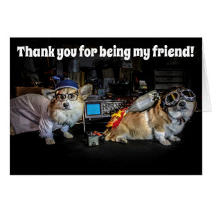 Mad Scientist and Rocketeer Corgi Friendship card