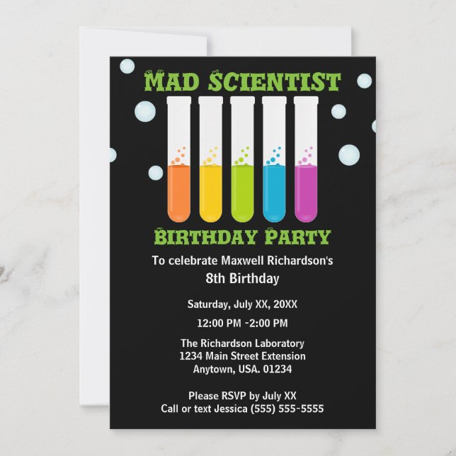 Mad Scientist Colourful Test Tubes Birthday Party Invitation (Front)