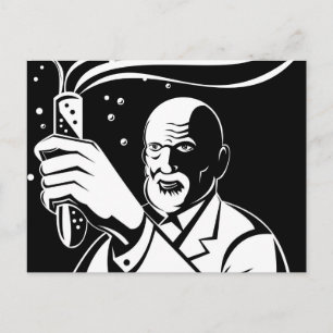 mad scientist holding up test tube postcard