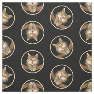 Mad Tabby Cat Portrait Painting Cute Original Art Fabric