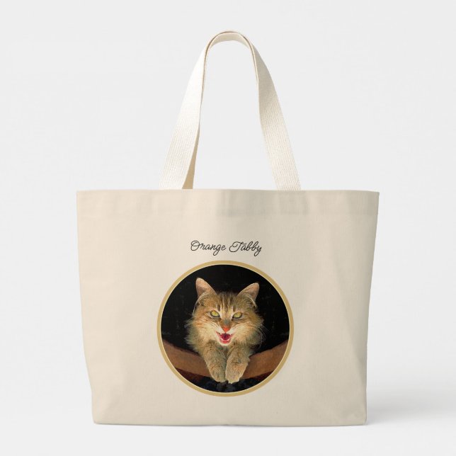 Mad Tabby Cat Portrait Painting Cute Original Art Large Tote Bag (Back)