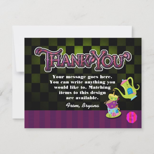 MAD TEA PARTY Wonderland Birthday THANK YOU card (Front)