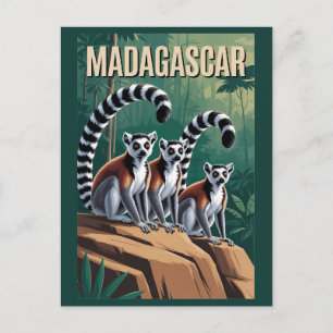 Madagascar Lemurs Illustration Travel Art Vintage Postcard