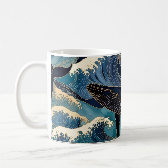 Madagascar Ocean Whale - Blue & Gold Waves |  Coffee Mug (Left)
