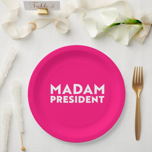 Madam President modern typography white hot pink Paper Plate (Wedding)