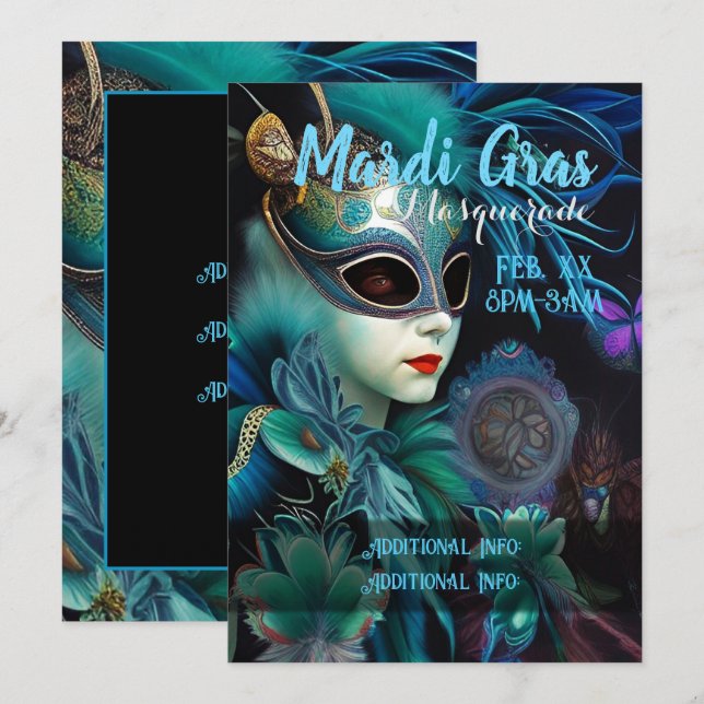Madame Masquerade Teal  Invitation (Front/Back)