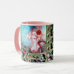 MADAME POMPADOUR ,BLACK GREEN BLUE PINK GEMSTONES MUG