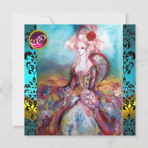 MADAME POMPADOUR,BLUE BLACK DAMASK FLOWER MONOGRAM INVITATION