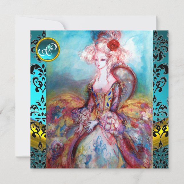 MADAME POMPADOUR,BLUE BLACK DAMASK FLOWER MONOGRAM INVITATION (Front)