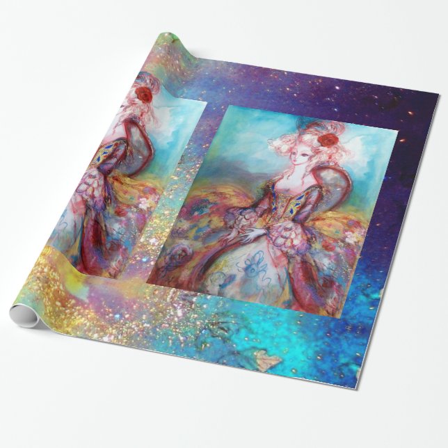 MADAME POMPADOUR / Bright Gold Blue Sparkles Wrapping Paper (Unrolled)