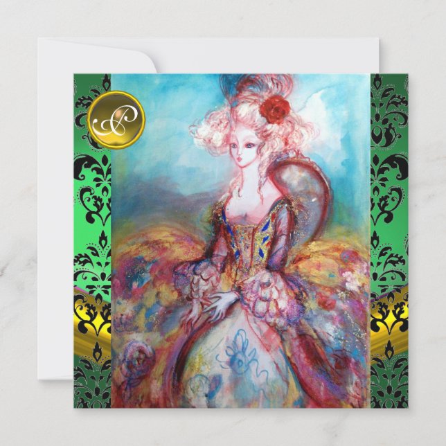 MADAME POMPADOUR ,GREEN BLACK DAMASK MONOGRAM INVITATION (Front)